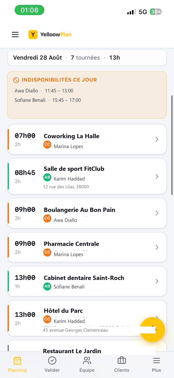 Planning du jour sur téléphone
