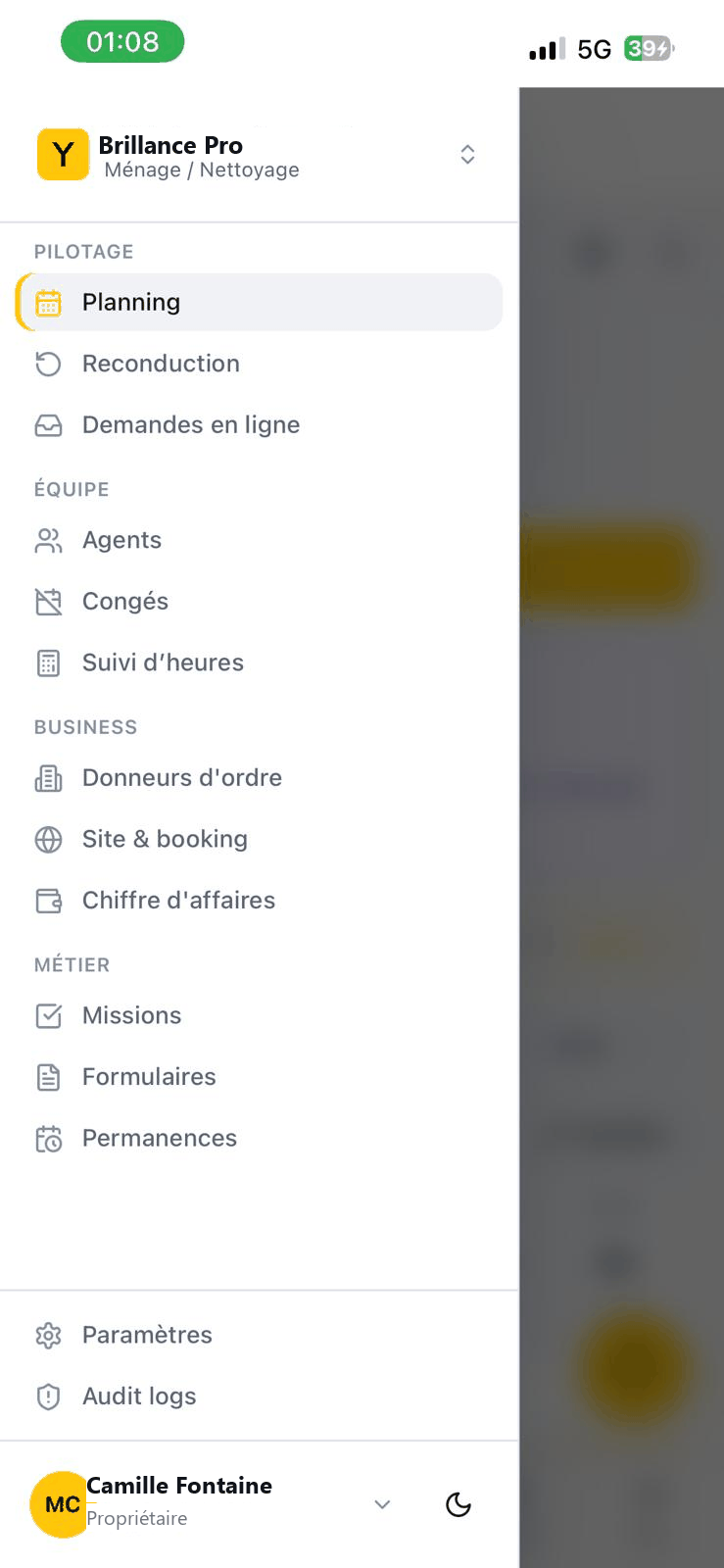 Menu de l'application sur téléphone